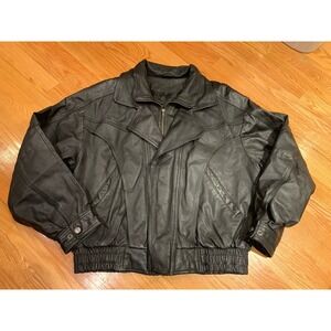 Men's Wilson double collar leather jacket black‎ bomber style motorcycle L